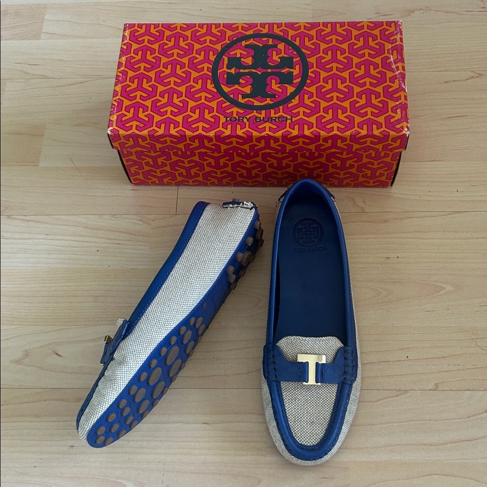 Brand New Tory Burch Canvas with Blue Calf Leather Trim Casey Driver Shoes - Picture 3 of 4